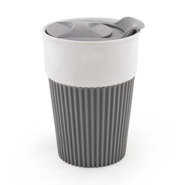 AFINA, Керамічне горнятко з кольоровим силіконом і пластиковою кришкою, 400 мл — білий